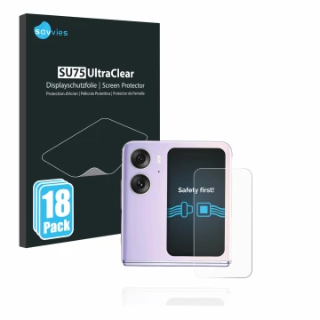 Front side of a product packaging with the brand logo Savvies. Next to it is the device Oppo Find N2 Flip (Back display) shown