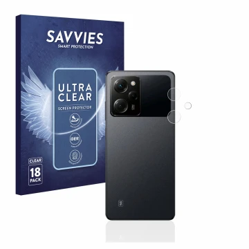 Front side of a product packaging with the brand logo Savvies. Next to it is the device Xiaomi Poco X5 Pro (ONLY Camera Lens) 