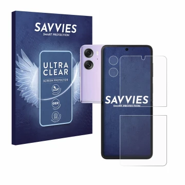 Front side of a product packaging with the brand logo Savvies. Next to it is the device Oppo Find N2 Flip (Front+Camera) shown