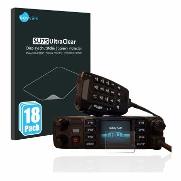 Front side of a product packaging with the brand logo Savvies. Next to it is the device AnyTone AT-D578UV plus shown with the 