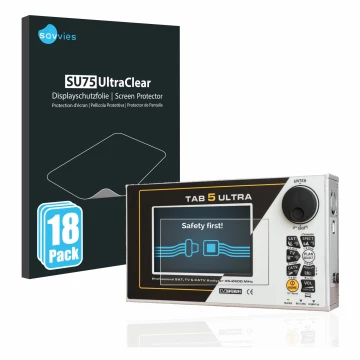 Front side of a product packaging with the brand logo Savvies. Next to it is the device Rover TAB 5 ULTRA shown with the corre