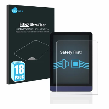 Front side of a product packaging with the brand logo Savvies. Next to it is the device Meebook M6 6