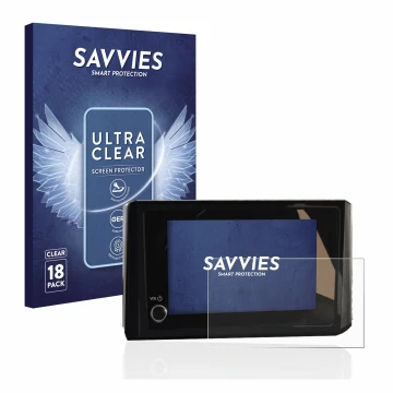 Front side of a product packaging with the brand logo Savvies. Next to it is the device Toyota C-HR 2023 Infotainment shown wi