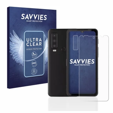 Front side of a product packaging with the brand logo Savvies. Next to it is the device Caterpillar Cat S75 (Front+Camera) sho