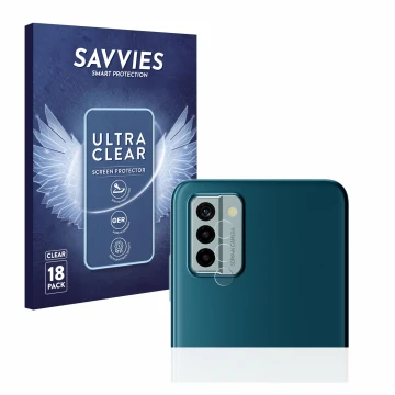 Front side of a product packaging with the brand logo Savvies. Next to it is the device Nokia G22 (ONLY Camera Lens) shown wit