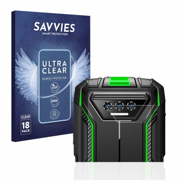 Front side of a product packaging with the brand logo Savvies. Next to it is the device Doogee S41 Pro (ONLY Camera Lens) show