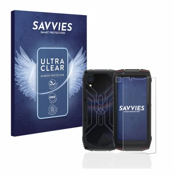 Front side of a product packaging with the brand logo Savvies. Next to it is the device Cubot King Kong Mini 3 (Front+Camera) 
