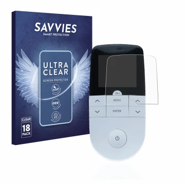 Front side of a product packaging with the brand logo Savvies. Next to it is the device Beurer EM 49 Digital TENS/EMS shown wi
