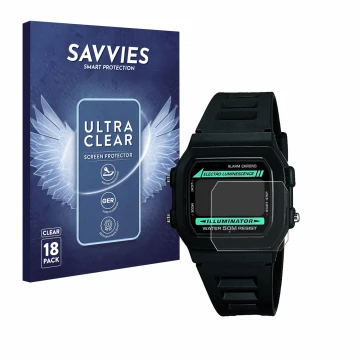 Front side of a product packaging with the brand logo Savvies. Next to it is the device Casio W-86-1VQES shown with the corres