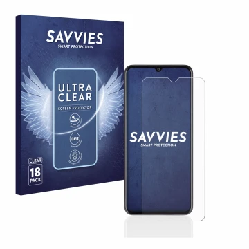 Front side of a product packaging with the brand logo Savvies. Next to it is the device Oppo A77 5G shown with the correspondi