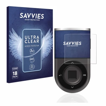 Front side of a product packaging with the brand logo Savvies. Next to it is the device D’CENT Biometric Wallet shown with the