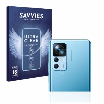 Front side of a product packaging with the brand logo Savvies. Next to it is the device Xiaomi 12T (ONLY Camera Lens) shown wi