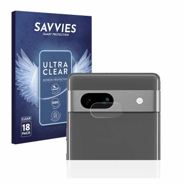 Front side of a product packaging with the brand logo Savvies. Next to it is the device Google Pixel 7a (ONLY Camera Lens) sho