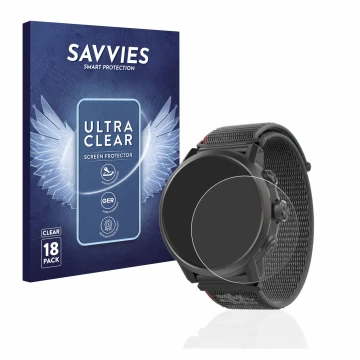 Front side of a product packaging with the brand logo Savvies. Next to it is the device Coros Apex 2 shown with the correspond