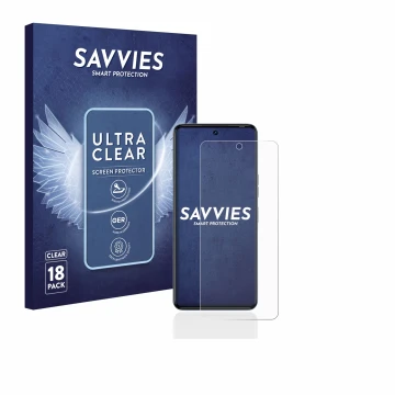 Front side of a product packaging with the brand logo Savvies. Next to it is the device Tecno Camon 20 Pro shown with the corr
