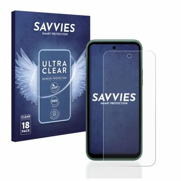 Front side of a product packaging with the brand logo Savvies. Next to it is the device Nokia XR21 shown with the correspondin