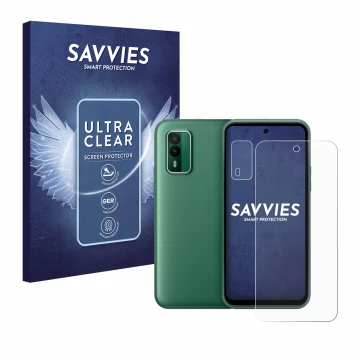 Front side of a product packaging with the brand logo Savvies. Next to it is the device Nokia XR21 (Front+Camera) shown with t