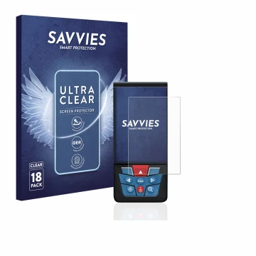 Front side of a product packaging with the brand logo Savvies. Next to it is the device Bosch GLM 100-25c shown with the corre
