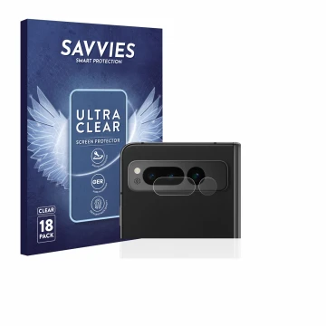Front side of a product packaging with the brand logo Savvies. Next to it is the device Google Pixel Fold (ONLY Camera Lens) s
