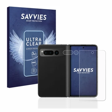 Front side of a product packaging with the brand logo Savvies. Next to it is the device Google Pixel Fold (Front+Camera) shown