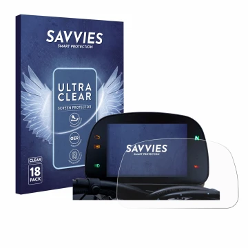 Front side of a product packaging with the brand logo Savvies. Next to it is the device Moto Morini Seiemmezzo TFT Display 5