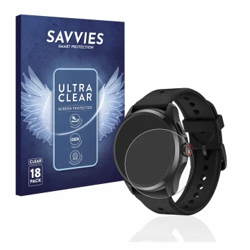 Front side of a product packaging with the brand logo Savvies. Next to it is the device Mobvoi TicWatch Pro 5 shown with the c