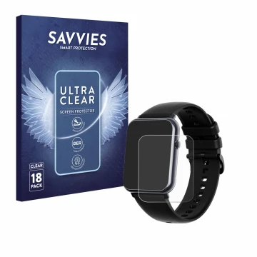 Front side of a product packaging with the brand logo Savvies. Next to it is the device Mutoy Smartwatch 1.69
