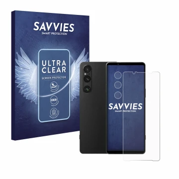 Front side of a product packaging with the brand logo Savvies. Next to it is the device Sony Xperia 1 V (Front+Camera) shown w