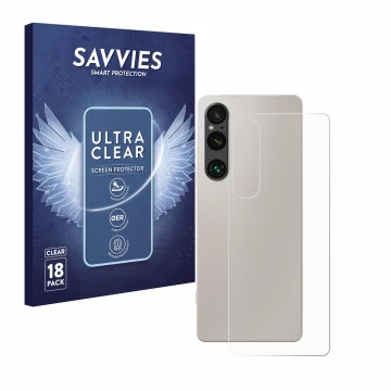 Front side of a product packaging with the brand logo Savvies. Next to it is the device Sony Xperia 1 V (Back) shown with the 