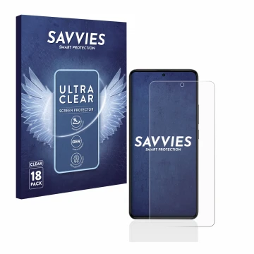Front side of a product packaging with the brand logo Savvies. Next to it is the device Xiaomi Poco F5 Pro shown with the corr