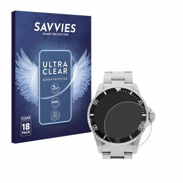 Front side of a product packaging with the brand logo Savvies. Next to it is the device Rolex Submariner (no date) shown with 
