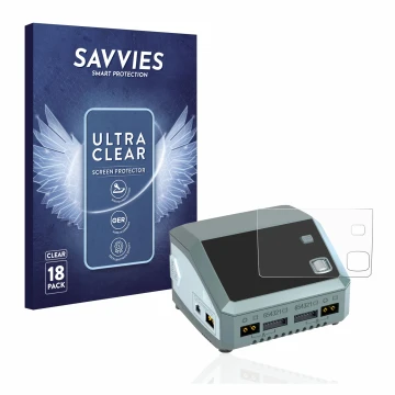 Front side of a product packaging with the brand logo Savvies. Next to it is the device SkyRc D200 neo shown with the correspo