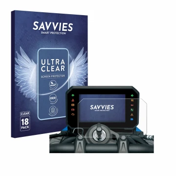 Front side of a product packaging with the brand logo Savvies. Next to it is the device Suzuki GSX-8S 2023 shown with the corr