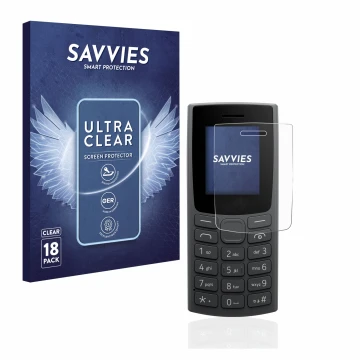 Front side of a product packaging with the brand logo Savvies. Next to it is the device Nokia 110 (2023) shown with the corres