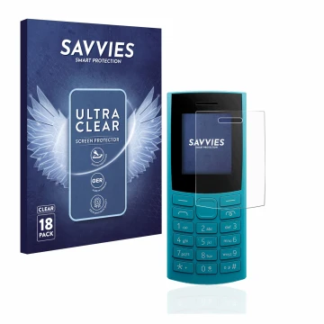 Front side of a product packaging with the brand logo Savvies. Next to it is the device Nokia 105 4G (2023) shown with the cor