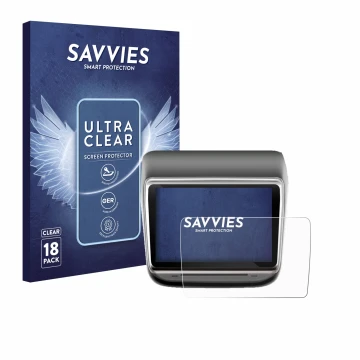 Front side of a product packaging with the brand logo Savvies. Next to it is the device Tesla Model Y Infotainment System 7.2