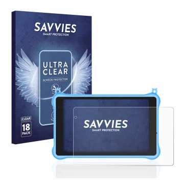 Front side of a product packaging with the brand logo Savvies. Next to it is the device Blackview Tab 5 Kids shown with the co