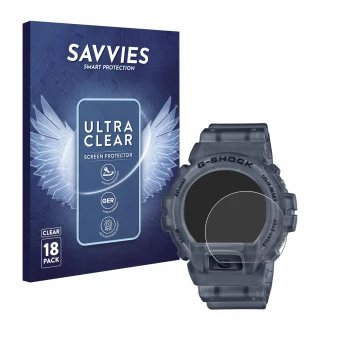 Front side of a product packaging with the brand logo Savvies. Next to it is the device Casio G-Shock DW-6900 shown with the c