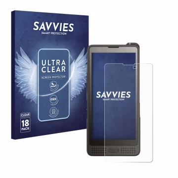 Front side of a product packaging with the brand logo Savvies. Next to it is the device Sonim XP10 shown with the correspondin