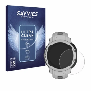 Front side of a product packaging with the brand logo Savvies. Next to it is the device Garmin Instinct 2S Solar (40 mm) shown