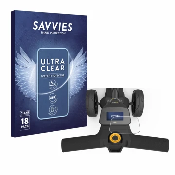 Front side of a product packaging with the brand logo Savvies. Next to it is the device PowaKaddy FX3 shown with the correspon
