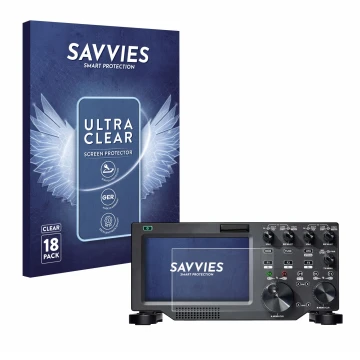 Front side of a product packaging with the brand logo Savvies. Next to it is the device FlexRadio Maestro FLEX-6000 shown with