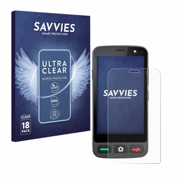 Front side of a product packaging with the brand logo Savvies. Next to it is the device Brondi Amico Pocket shown with the cor