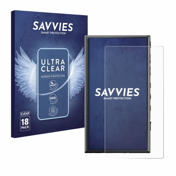 Front side of a product packaging with the brand logo Savvies. Next to it is the device Sony Walkman NW-A306 shown with the co