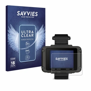 Front side of a product packaging with the brand logo Savvies. Next to it is the device Garmin Foretrex 801 shown with the cor