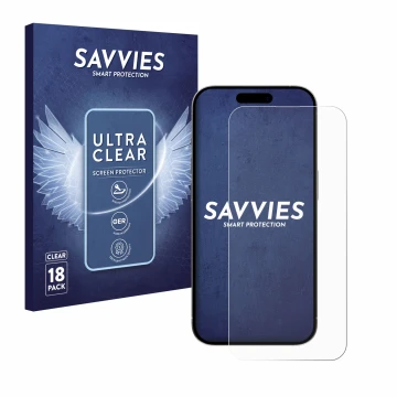 Front side of a product packaging with the brand logo Savvies. Next to it is the device Apple iPhone 15 Pro Max shown with the