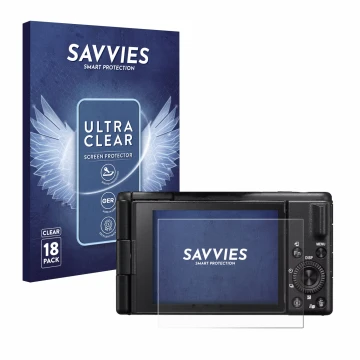 Front side of a product packaging with the brand logo Savvies. Next to it is the device Sony ZV-1M2 shown with the correspondi