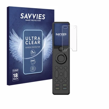 Front side of a product packaging with the brand logo Savvies. Next to it is the device Sofabaton X1 shown with the correspond