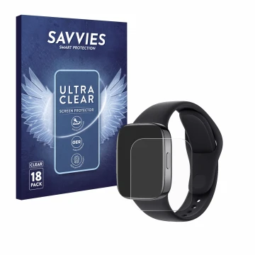 Front side of a product packaging with the brand logo Savvies. Next to it is the device Xiaomi Redmi Watch 3 shown with the co