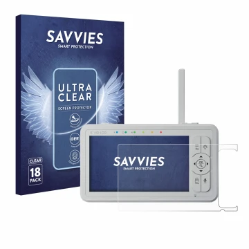 Front side of a product packaging with the brand logo Savvies. Next to it is the device Babysense HD S2 5